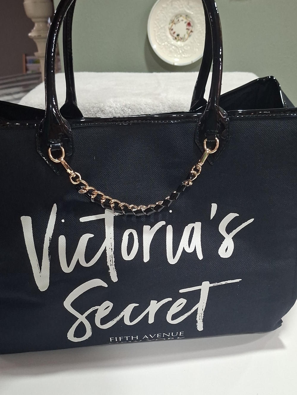 Victoria's Secret Black Tote with Gold Chain Accent